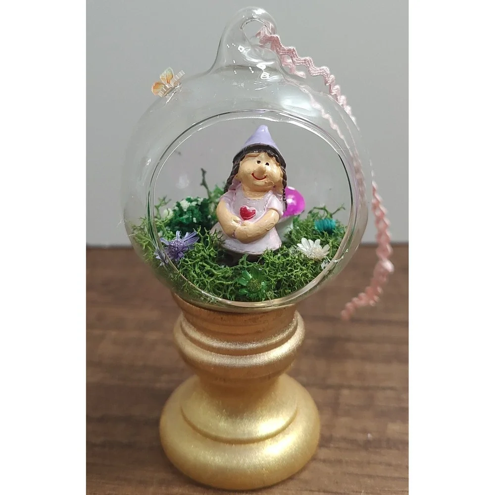 Garden Gnome Christmas Ornament Handmade Glass Diorama Terrarium Fairy Mushroom
